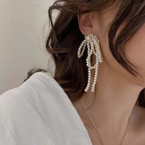 Korean Tassel Earrings Bow Handmade Pearl Beads Long Earring For Women Wedding Fashion Jewelry Temperament Dangle Ear Rings
