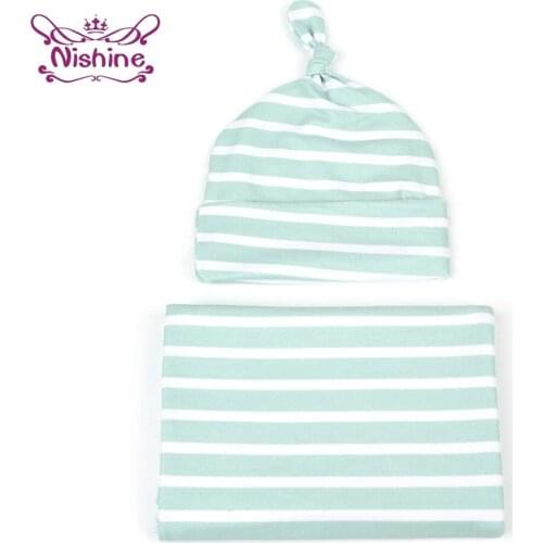 Nishine Newborn Soft Skin-friendly Warm Cotton Hat and Swaddle Blanket Set Fashion Striped Knotted Baby Caps Infant Headwear
