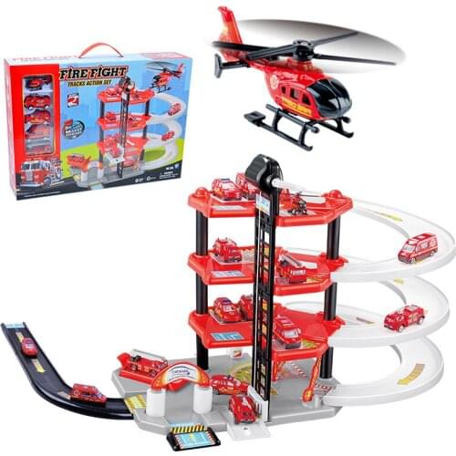 Tracks Action Set Fire Fight Station Parking Lot DIY Assembly Carpark Fire Engine Car Garage Parking Lot Alloy Roller Rail