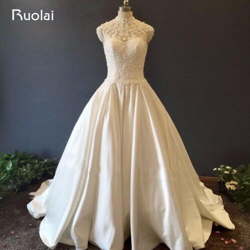 Real Photo High Neck Ball Gown Appliques Lace Tulle Wedding Dresses with Pearls Button Back Long Bridal Gown ASAF31