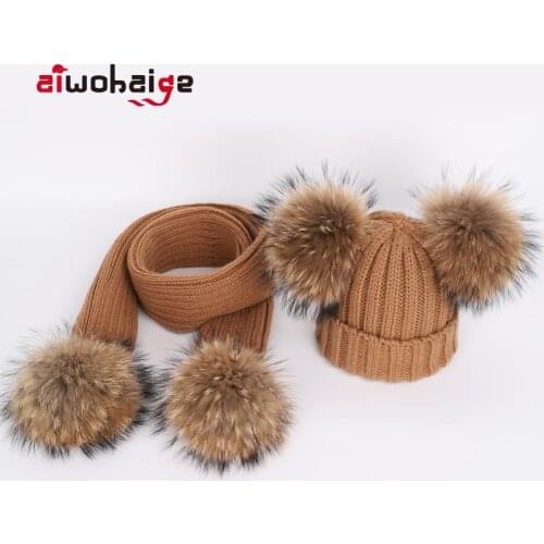 New Cute Childrens Raccoon Fur pom poms Knit Beanie Hat Scarf Boy Girl Winter Thicken Hedging Cap Scarves Soft Ski Baby Kids