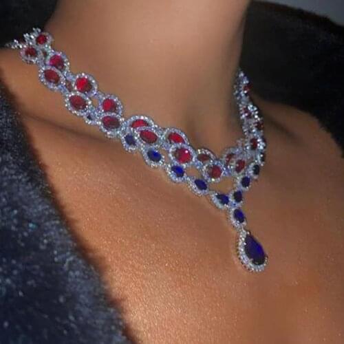 Stonefans Geometric Water Drop Crystal Necklace Stone Jewelry for Women Statement Oval Pendant Necklace Rhinestone Chain Choker