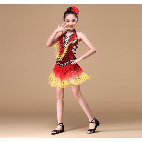 8-15 Years Performance Children Dance Outfit V-neck with Beads Backless Tassel Fringe Competition Latin Dance Dress for Girls