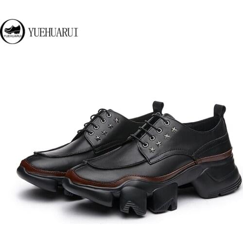 Casual shoes man stitching cowhide shoes Korean version trend British lace-up soft sole increase fashion sport dad shoes man