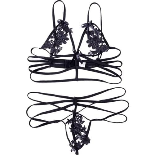 Sexy Womens Flower Lace Lingerie Set Babydoll Underwear Bralette Bustier Bra G-string Briefs Thong Babydoll Sleepwear Sets