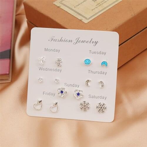 HTZZY 7 Pairs One Week Earrings for Women 2021 New Trend Jewelry Flowers Geometry Heart Fashion Stud Earrings Set Gifts
