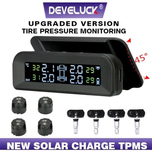 TPMS Car Tire Pressure Monitor System Automatic Brightness Control USB and Solar Charging Adjustable LCD Screen 4 Exter Sensor
