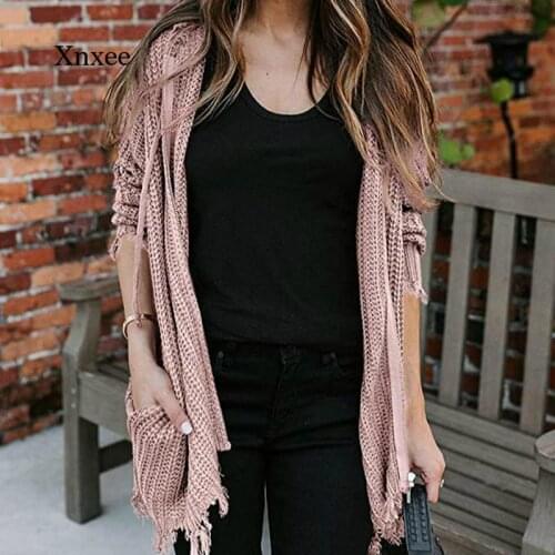 Ripped Hole Sweaters Women Autumn Winter Fashion Tassel Ladies Casual Zipper Hoodies Sweaters Knitted Cardigans Coats Pullover