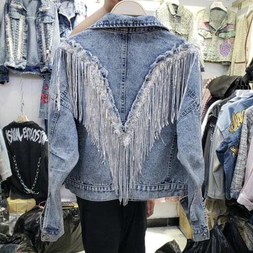 Womens Denim Jacket Coat 2020 New Female Black Denim Jacket Women Jean Jackets Outerwear Hot Fringed Rivet Denim Jacket Girl