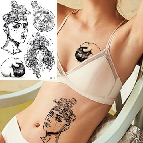 FANRUI Creative Bear Bulb Universe Temporary Tattoos For Women Men Sticker Black Planets Fake Tattoo Body Art Sexy Tatoos