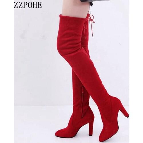 New Flock Leather Women Over The Knee Boots Lace Up Sexy High Heels Women Boots Female Pointed Toe Slip on Winter Shoes Size 43