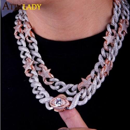 2021 New Arrived High Quality Heavy Iced Out Hip Hop Women Silver Rose Two Tone Star Eye Charm Infinity Cuban Chains Necklace