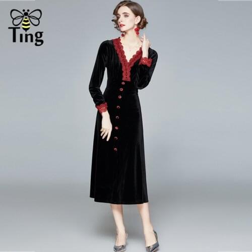 Tingfly Vintage Elegant Lace V Neck Women High Waist Black Velvet Midi Long Dress Button Decor Work Casual Plus Size Dresses