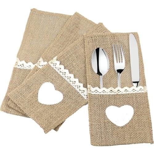 1PCS Jute Hessian Burlap Linen Lace Cutlery Holder Vintage Christmas Birthday Wedding Party Decorations Tableware Supplies