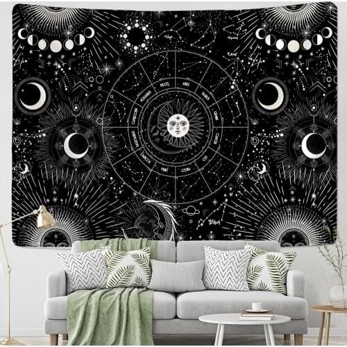 White Black Sun Moon Mandala Starry Sky Tapestry Wall Hanging Bohemian Gypsy Psychedelic Tapiz Witchcraft Astrology Tapestry