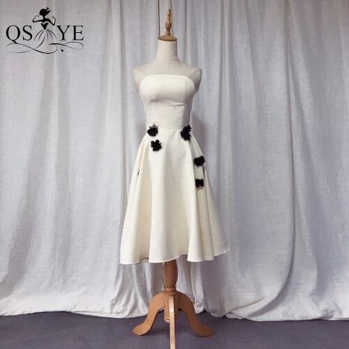 Beige Homecoming Dress Stretch Satin Short Prom Gown Strapless Neck Black Flowers Girl Party Gown Off Shoulder A line Gown