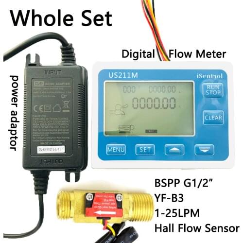 US211M Digital Flow Meter and YF-B3 BSP G1/2" Hall Flow Sensor 1-25L/min With Power Adapter iSentrol