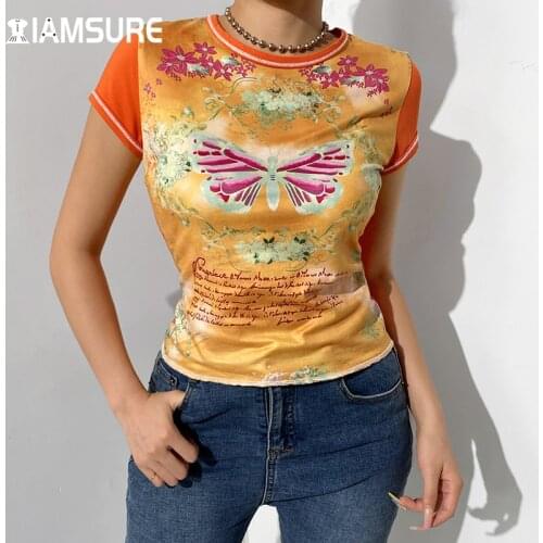 IAMSURE Butterfly Pattern Printed T Shirt Women Y2K Aesthetic Sweet Cute Tops Casual Short Sleeve Tees Women 2021 Streetweear