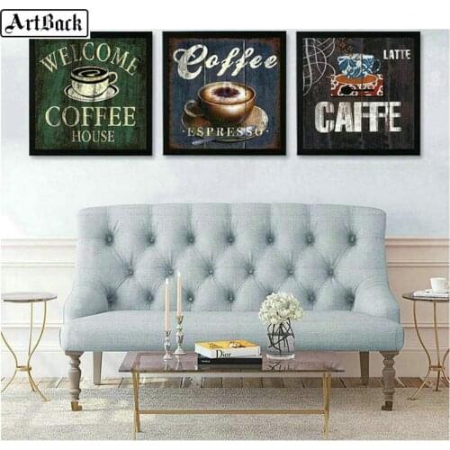 ArtBack three fight 5d diamond painting coffee pattern full square sticker diy diamond mosaic landscape wall decoration