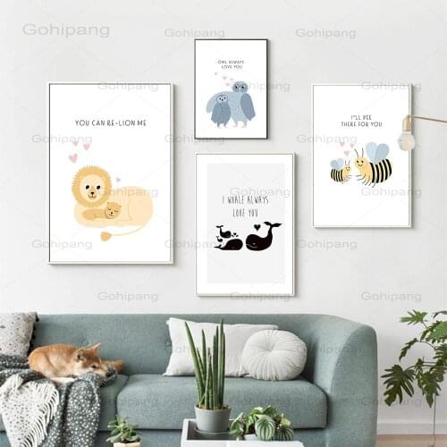 Canvas Painting Cute Cartoon Animal Love Decorative Picture Bee Lion Whale Bird Kindergarten Wall Art for Childrens Room Decor
