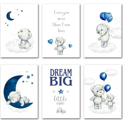 Cute Bear Moon Nursery Quote Painting Animal Cartoon Painting Wall Art Picture Nordic Kids Bedroom Decor Child Room Decor Poster