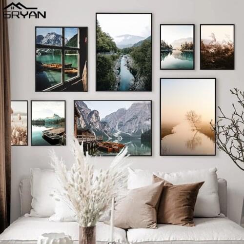 Window View Lake Boat Canvas Prints Nature Landscape River Picture Mountain Setaria Grass Painting Poster Nordic Wall Art Decor