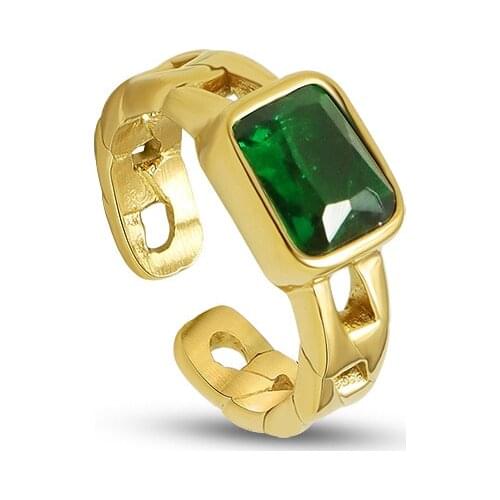Fashion Statement Green Stone Opening Rings For Women Stainless Steel Gold Metal Link Chain Wedding Rings Jewelry Anillos Gift