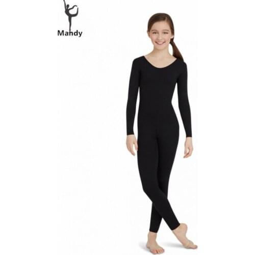 Unisex Kids Long Sleeve Child Unitard Black Full Body Lycra Spandex Bodysuit Girls Footless Scoop Neck One Piece Dance Costume