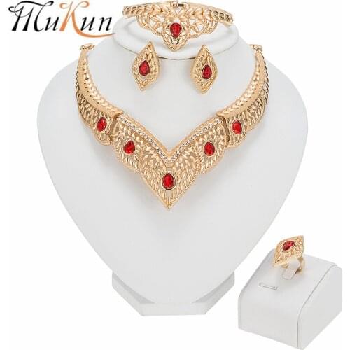 2021 RED Classic Dubai Gold Color Jewelry Sets Crystal Necklace Bracelet Charm Women Earrings Ring Party Fashion Jewelry Set