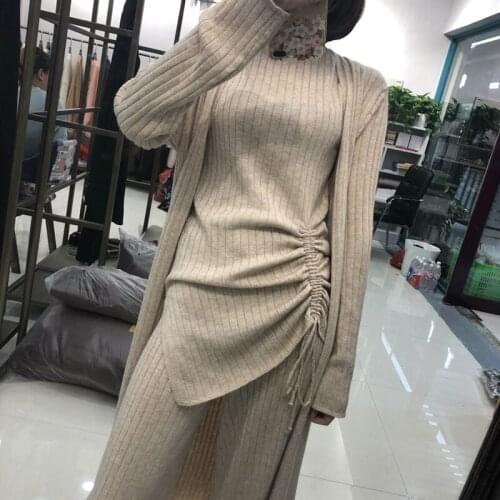 2019 Womens New Turtleneck Full Elastic Waist Set Hot Fashion Wool Knit Vest Cardigan And Wide-leg Pants Three-piece Women