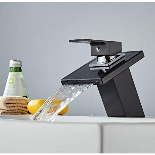 Painting Basin Faucet Bathroom Black Brass Faucet Painting Basin Sink Glass Waterfall Basin Tap Mixer Hot & Cold Water Faucet