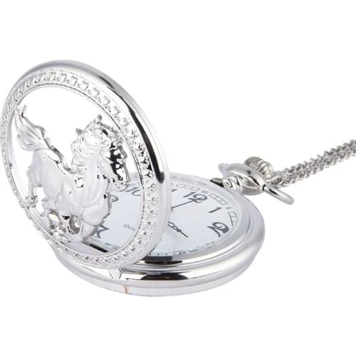 Fashion Silver Horse Hollow Quartz Pocket Watch Chain Pendant Necklace for Women Men Gifts TT@88