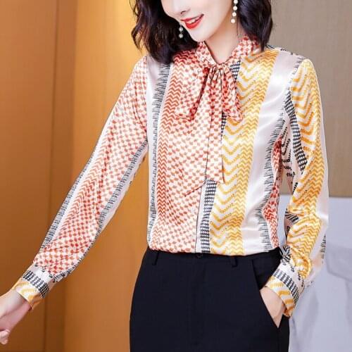 Fashion office ladies work blouses satin silk shirts women elegant bows long sleeve striped shirts female high quality tops