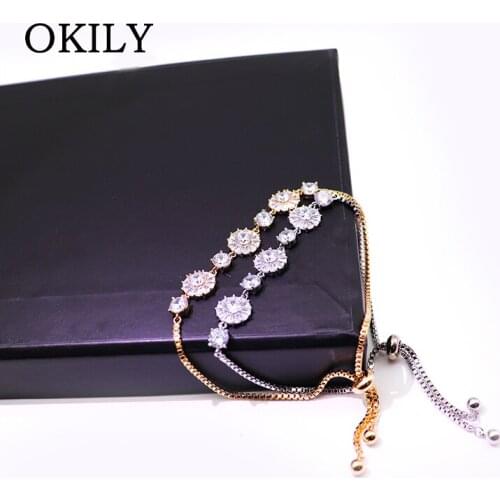 OKILY Delicate 2 Color Bracelets Fashion Adjustable Zircon Bracelets Femme Copper Slider Bangles for Women Gifts Accessories