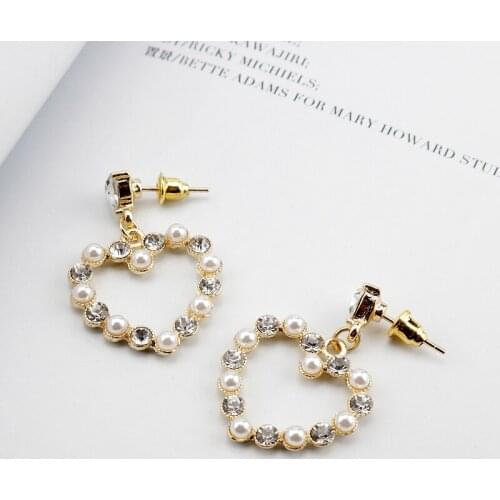 New Trendy Imitation Pearl Rhinestone Heart Metal Earrings Ear Drop Dangler For Women Girls Lover Jewelry Chiristmas Gift