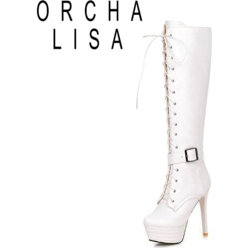 ORCHA LISA Winter Ladies Knee High Boots Belt Buckle Round Toe Lace Up 13CM Platforms Zip Stiletto Heel Shoes US14 White A4207