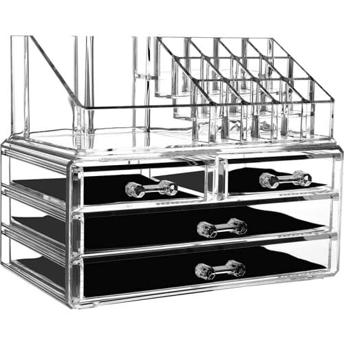 Jewelry and Makeup Organizer for Vanity-Clear Cosmetic Storage Container Display,2Pcs Set Stackable with 4 Drawers