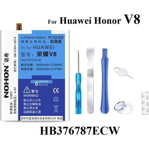 Original NOHON Battery For Huawei Honor V8 3500mAh Bateria HB376787ECW built-in Phone Replacement Li-Polymer Batteries Free Tool