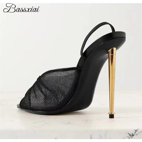 Sexy Air Mesh Peep Toe Sandals Women Summer Metal Thin High Heels Point Toe Lazyman Mules Runway Sandalias Mujer