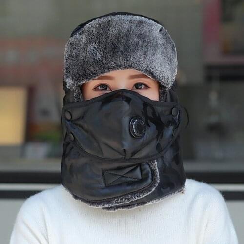 Army Military Men&Women PU leather Winter Bomber Hat with mask warm Faux Fur Pilot Earflap Trapper Snow ski Cap