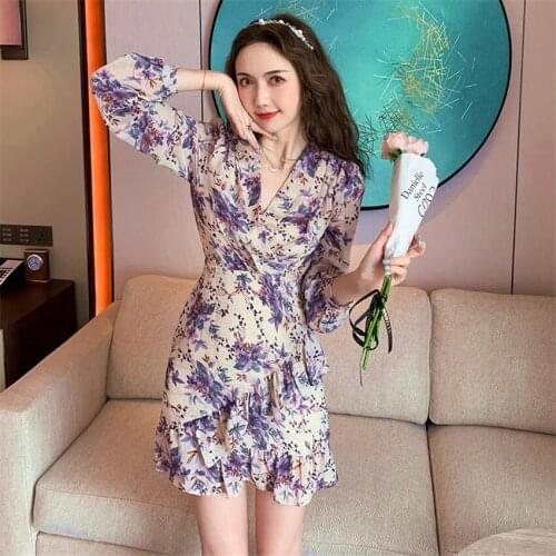 Spring Autumn Floral Print Chiffon Dress Long Sleeve Ruffle Elegant Dress Women Slim Waist Korean Fashion Mini Dresses Vestidos