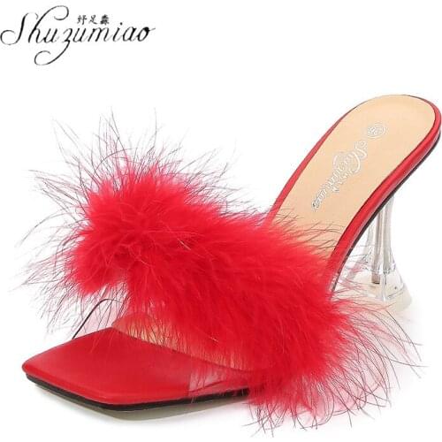 SHUZUMIAO Women Pumps Summer PVC Transparent Feather Perspex Crystal High Heels Fur Peep Toe Mules Slippers Ladies Slides Shoes