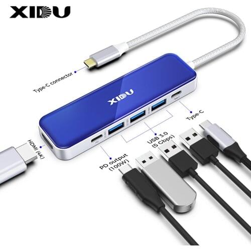 XIDU USB 3.0 Hub 6 in 1Type-C Charging Hub 6 Connectors 4K HDMI Port Fast Charge Multiple Expander For Phone PC Computer Laptop
