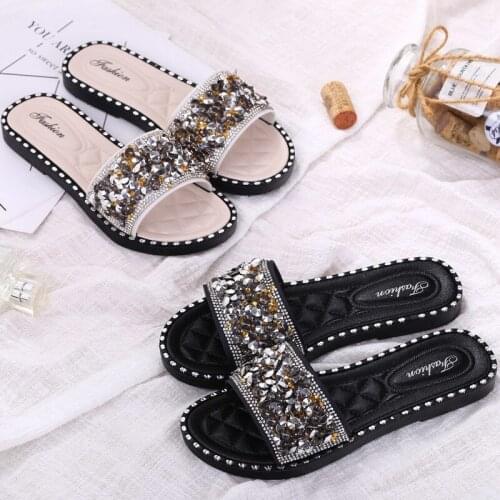 Outer Wear Fashion New Ladies Slippers Summer Flat Bottom Slippers Women All-match Rhinestones