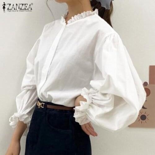 ZANZEA Elegant Women Autumn Shirt Casual Long Puff Sleeve Lace Patchwork Blouse White Tops Loose Ruffles Chemise OL Work Blusas