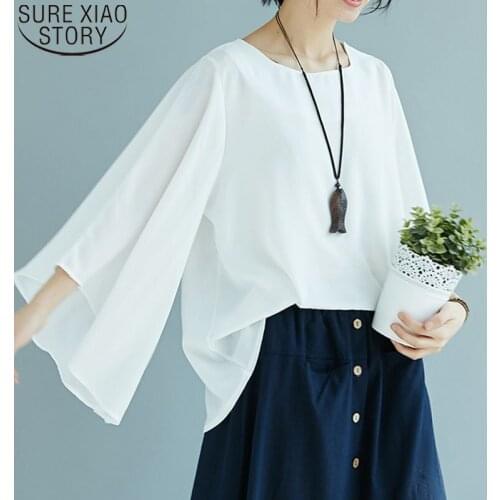 2021 Summer Solid Fashion Korean Tops Cotton and Linen Loose Blouses Women Female Irregular Flare Sleeves Blouse Clothes 9426