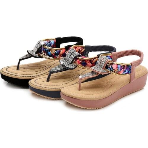 2020 new fashion sandals women summer flat comfortable womens shoes round head rhinestone ethnic style womens sandals