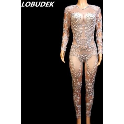 2019 Female Long Sleeve Big Stretch Jumpsuit Pearl Rhinestones Jumpsuits Bar Party Nightclub Show Stage Wear Sexy Dance Costume