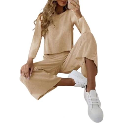 Women Matching Set Top Pants Set Solid Color Wide Leg Office Lady Round Neck Blouse Elastic Waist Trousers 3XL Plus Size