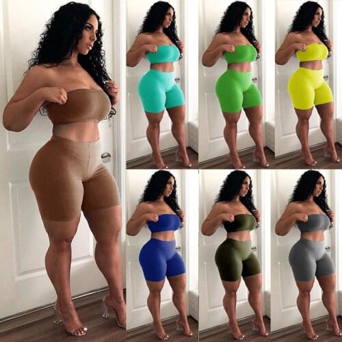 Summer 2021 Two Piece Women Sports Outfits Off Shoulder Tube Tops and Short Pants Backless Casual Sexy Outfits Women Clothing